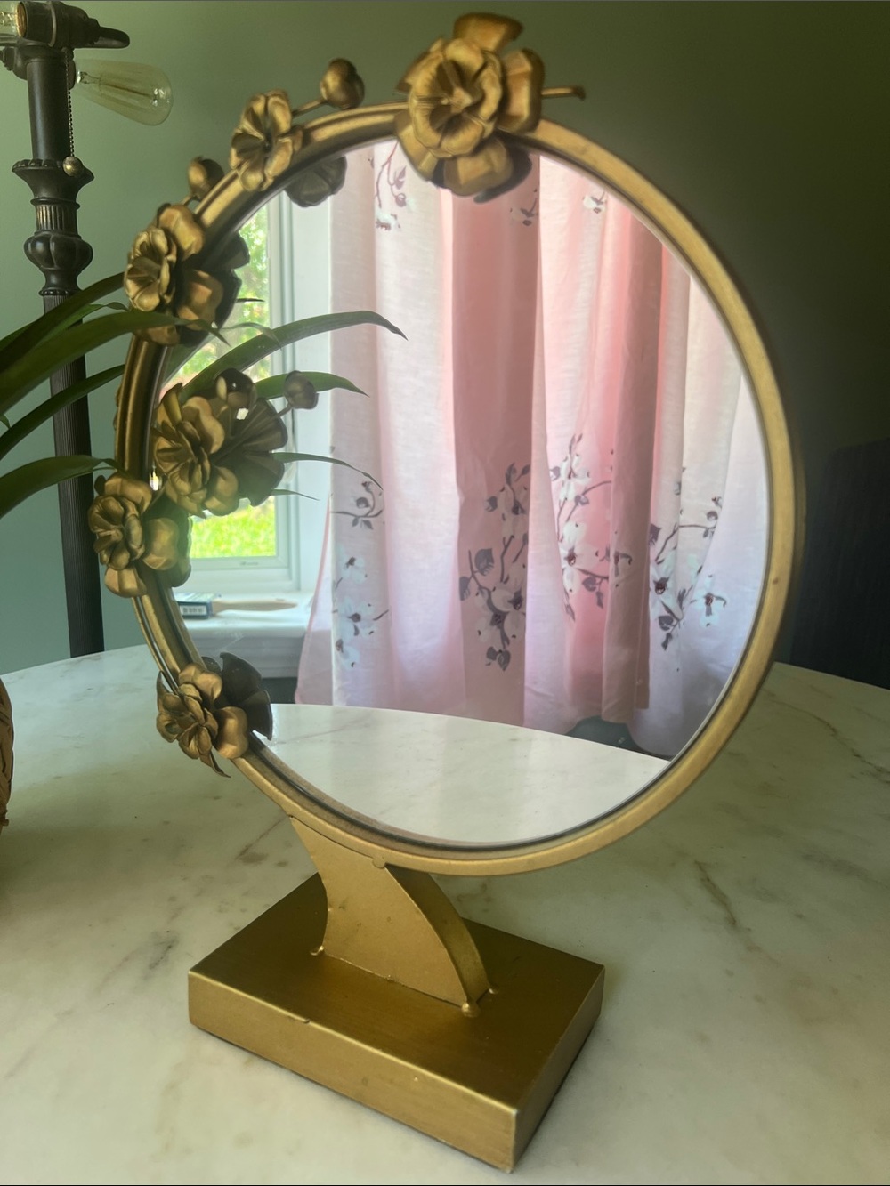 VTG French Art Deco Floral Round Vanity Mirror